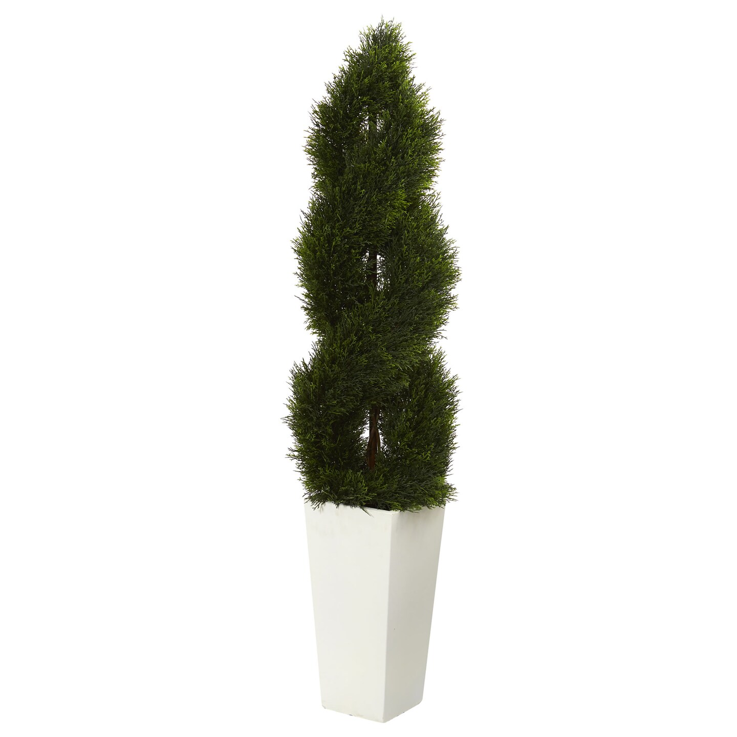 Nearly Natural 5.5' Double Pond Cypress Spiral Topiary Outdoor Artificial Tree in Tower Planter