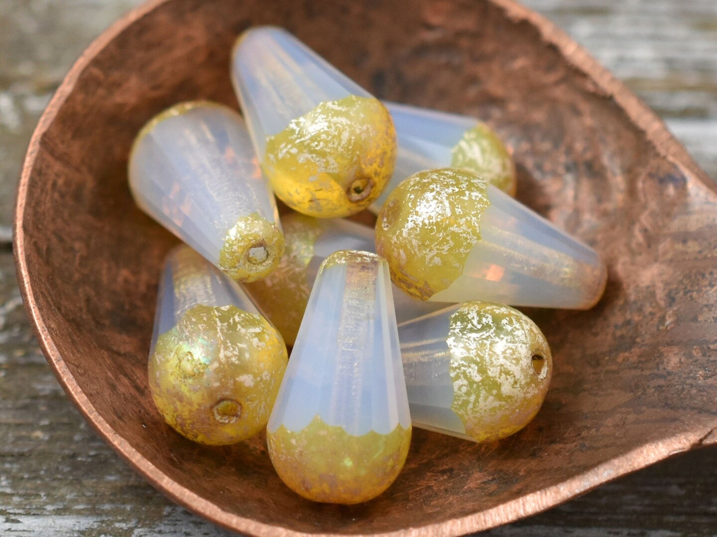 *4* 8x15mm Antique Silver Washed Milky Crystal Picasso Faceted Drop Beads