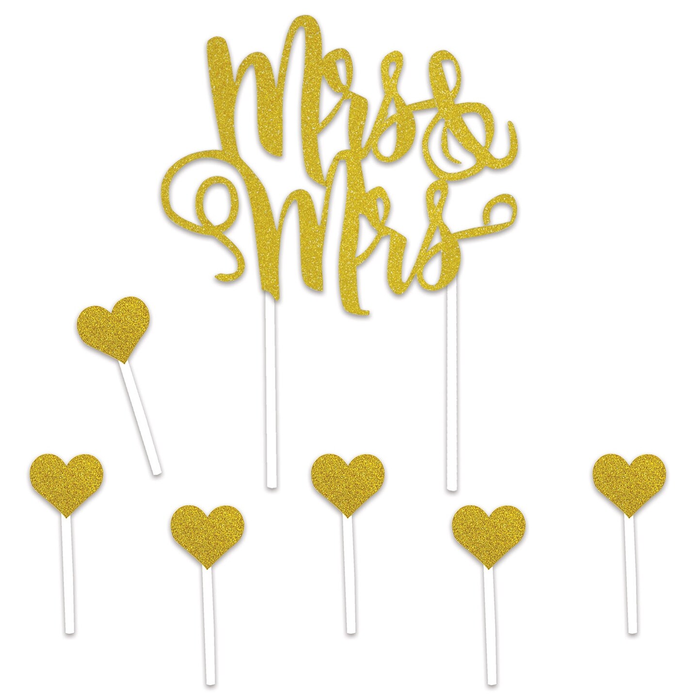 Beistle Set of 12 Gold Mrs & Mrs Cake Topper and Hearts 8.5”