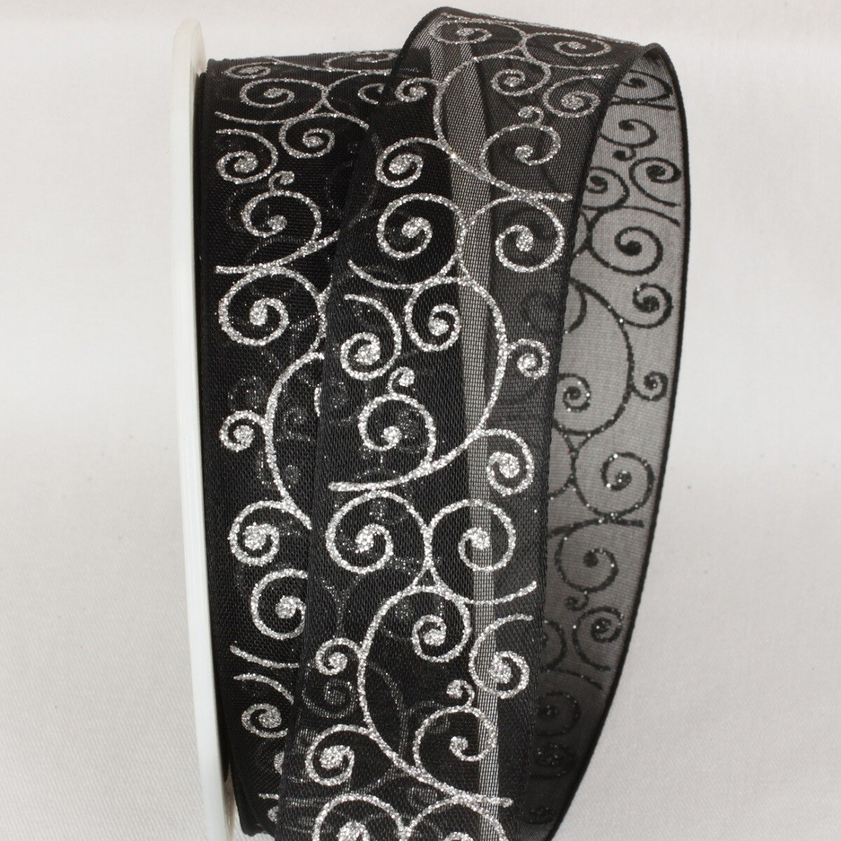 The Ribbon People Sheer Black and Silver Swirl Wired Craft Ribbon 1.5&#x22; x 27 Yards