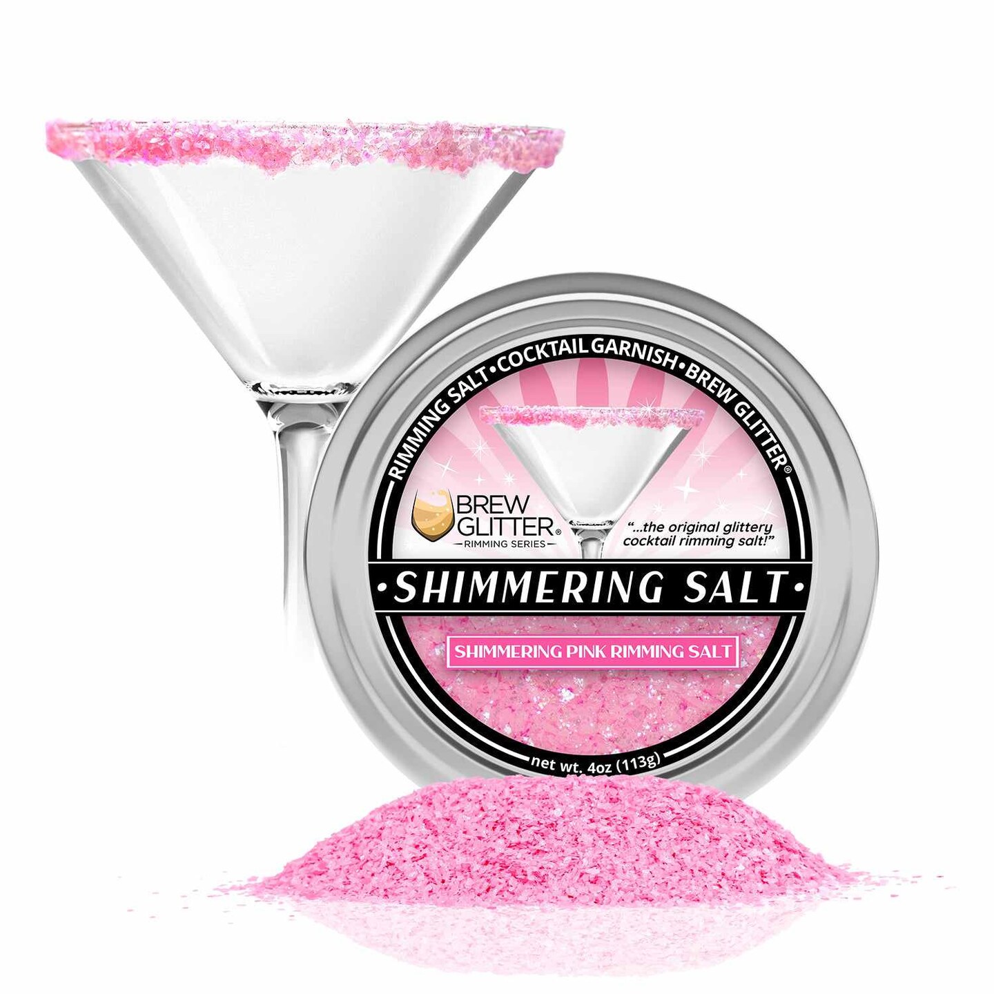 Brew Glitter - Shimmering Pink Rimming Salt (4oz, 1x Bar Tin) Edible Glitter Blended Cocktail Garnish for Mixed Drinks and Beverages