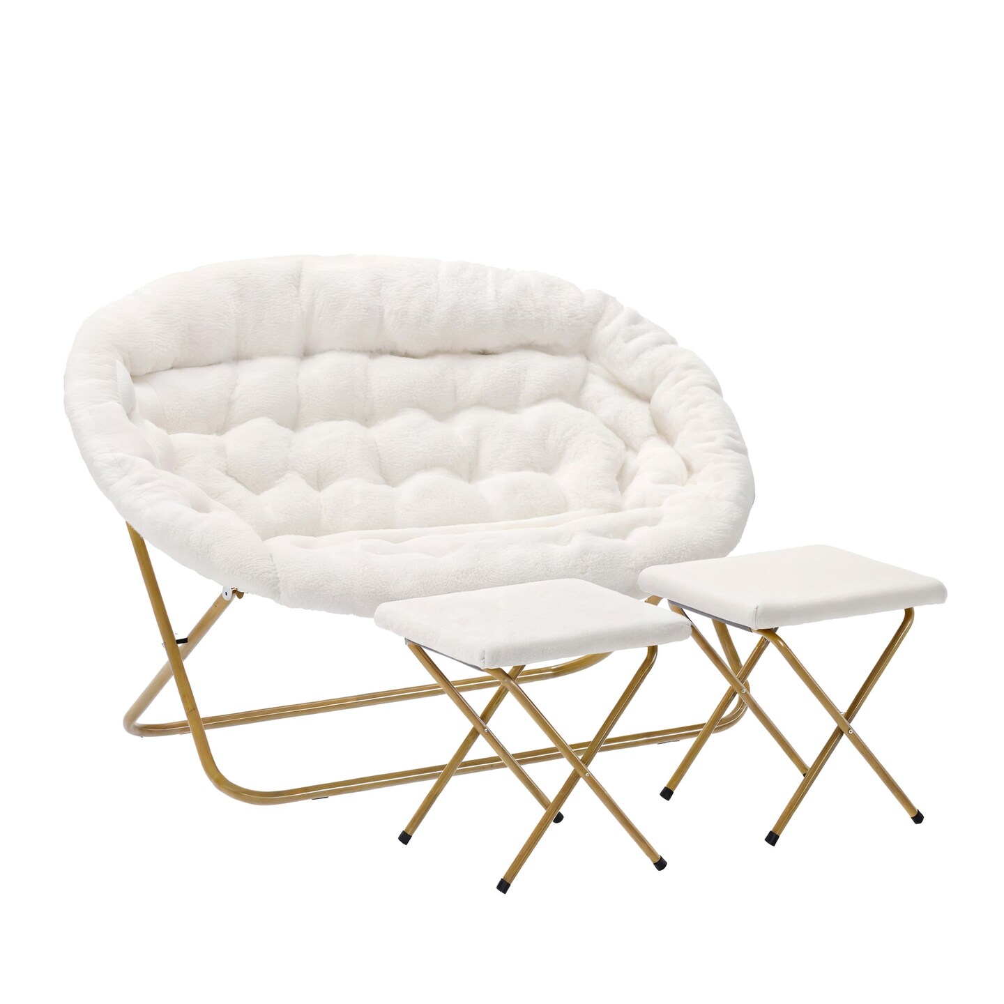 Emma and Oliver Janey Folding Double Saucer Chair with 2 Ottomans and Steel Frame for Dorm or Bedroom