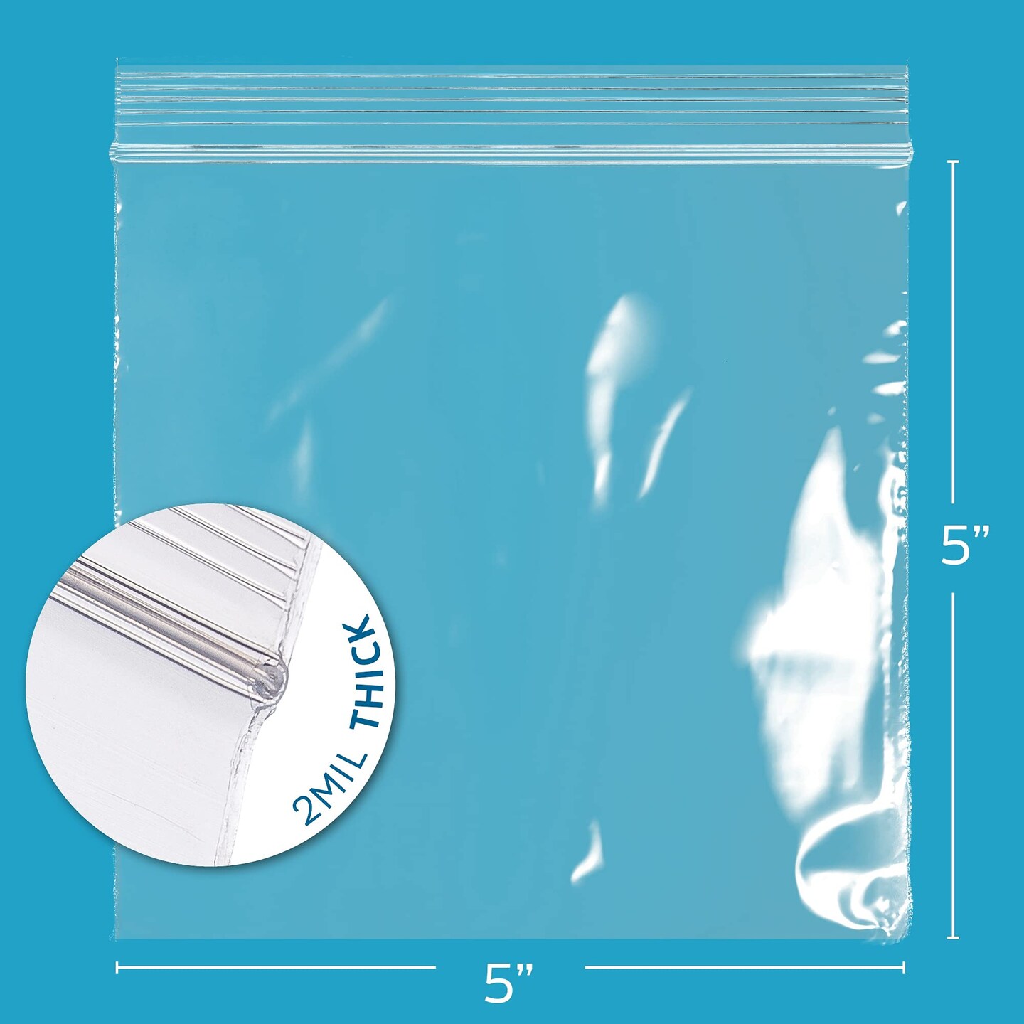 5" x 5" - Bulk Pack 100, 2 Mil Thick, Clear Plastic Reclosable Zip Bags, Hang Hole for Display, Durable Poly Baggies with Resealable Zip Top Lock for Storage, Packaging & Shipping