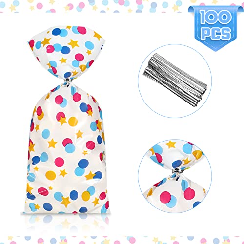 100 Pieces Cellophane Treat Bags, Polka Dots Goodie Bags Star Party Favor Candy Bags with 100 Twist Ties Rainbow Stars Theme for Birthday Baby Shower Pride Day School Supplies (Dot Style)