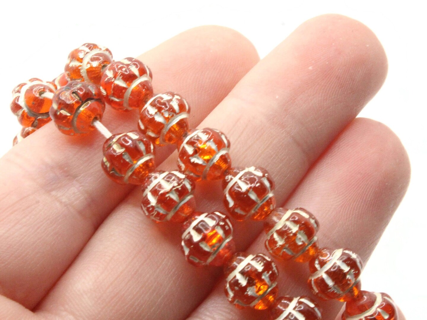 50 8mm Clear Orange Vintage Glass Beads with Silver Design Round Saucer Beads