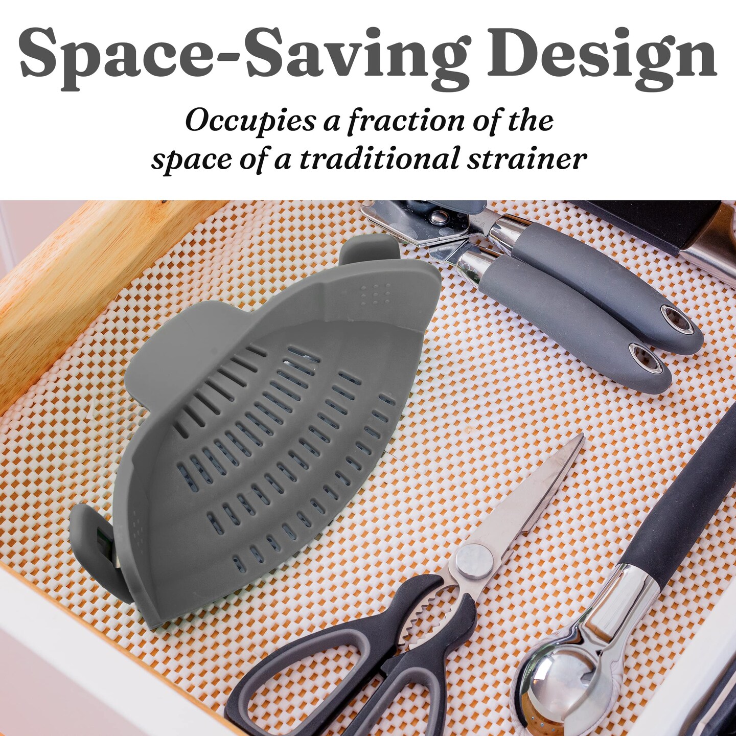 Silicone Clip-On Colander, Heat Resistant Drainer for Vegetables and Pasta Noodles, Kitchen Gadgets for Bowl, Pots, and Pans - Essential Home Cooking Tools - Grey