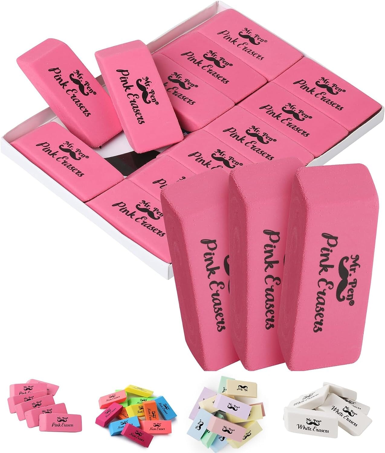 Pink Pencil Erasers, Large, Pack of 12