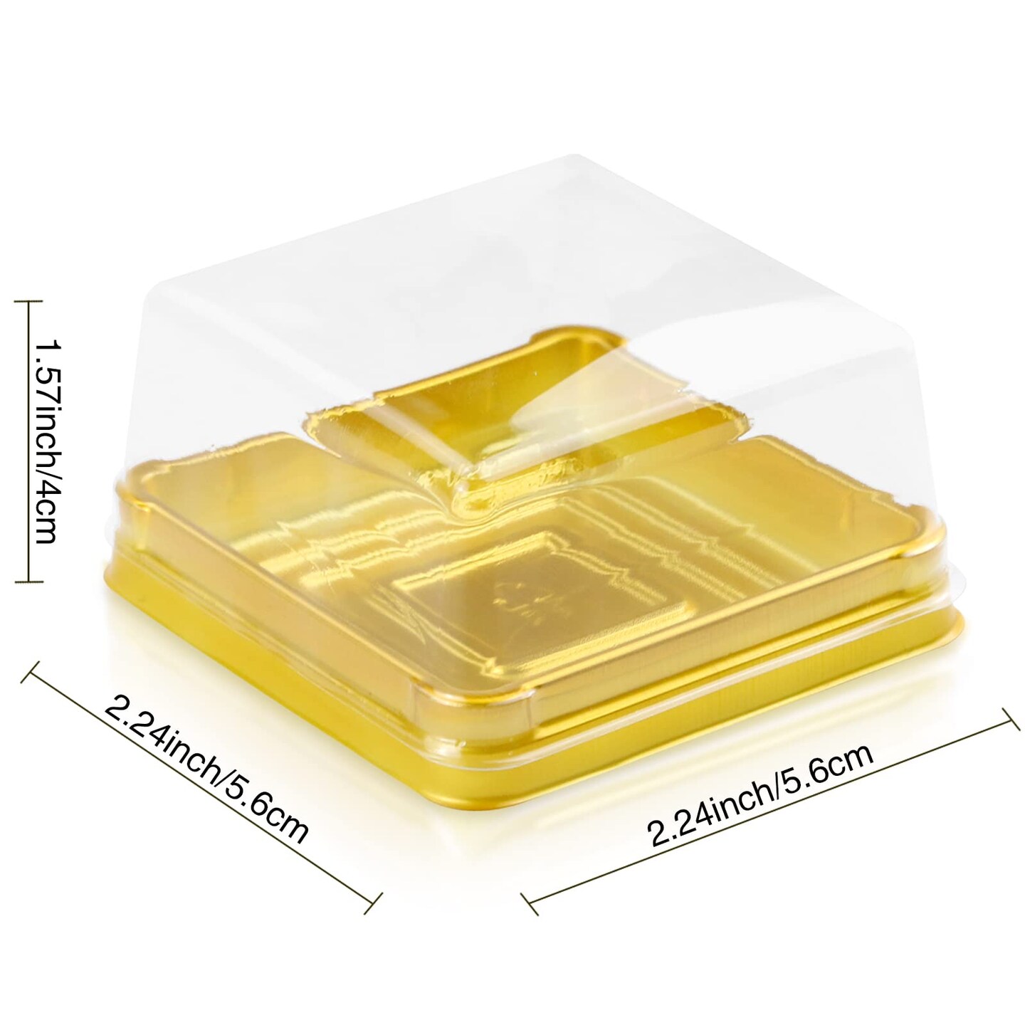 100 Pieces 2.24"L x 2.24"W x 1.57"H Clear Plastic Mini Cupcake Boxes Muffin Pod Dome Muffin Single Container Box Wedding Birthday Gifts Supplies for Cheese Pastry Dessert Mooncake (square, gold)