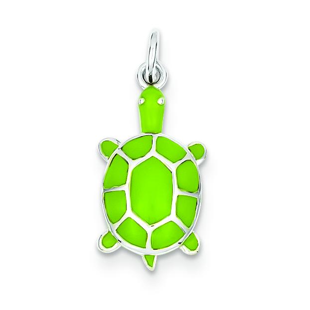 Sterling Silver Green Enamel Turtle Charm &#x26; 18&#x22; Chain Jewerly 22.5mm x 10mm