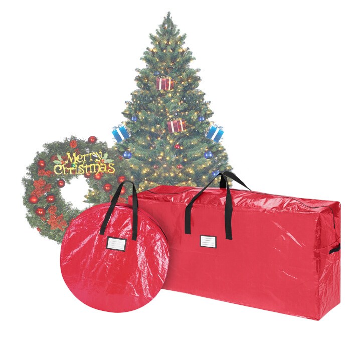 Elf Stor Red Durable 9 Ft Christmas Tree Storage Bag and 30&#x22; Inch Wreath Bag Combo Pack