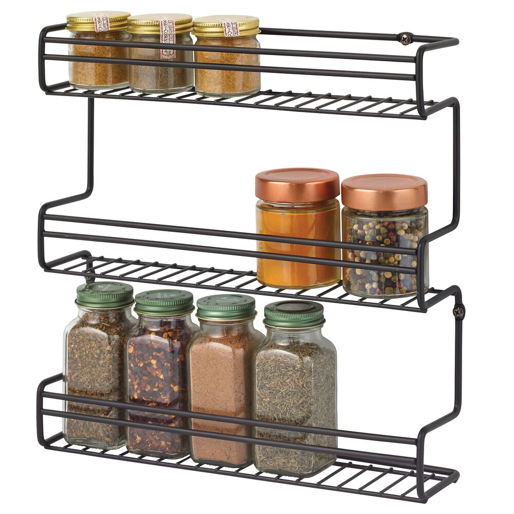 mDesign Metal Wall Mount Spice Rack Organizer, 3 Tier - Black