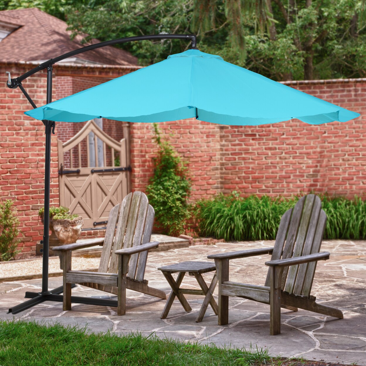 Pure Garden Offset 10 Foot Aluminum Hanging Patio Umbrella Sky Blue with Cross Base Bars