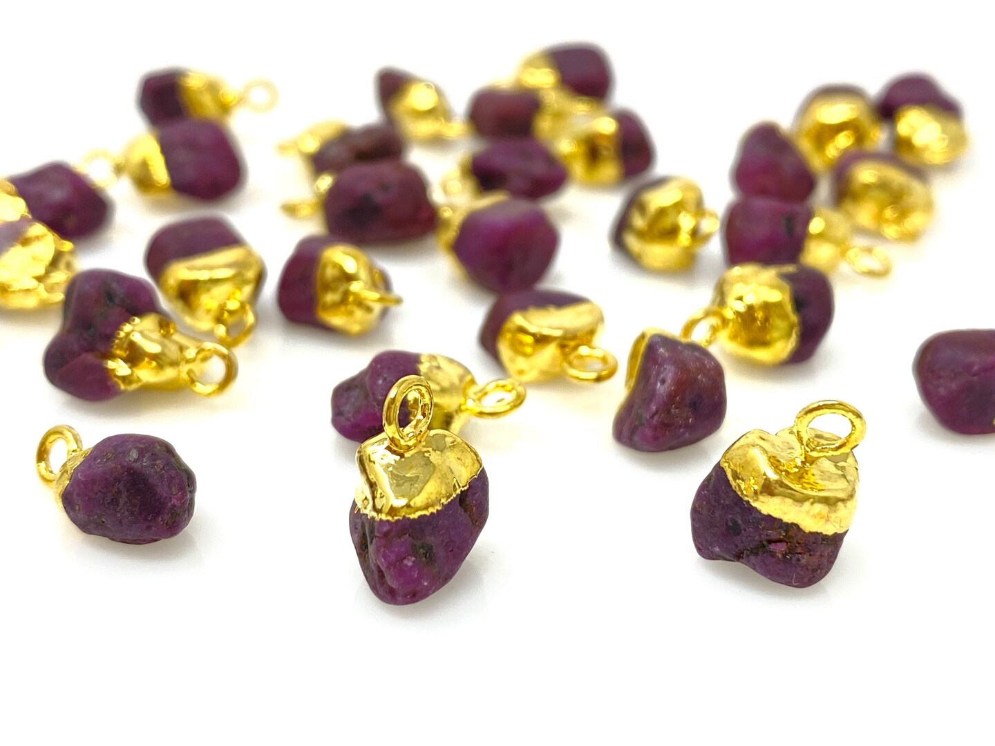 Rough Gold Electroplated Ruby Gemstone Cap Charms, Red - 12mm- 15mm - 10 Pieces