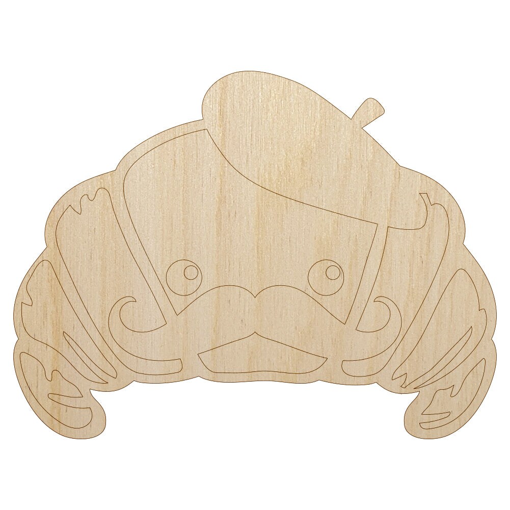 Cute Kawaii French Croissant with Beret and Mustache Unfinished Wood Shape Piece Cutout for DIY Craft Projects