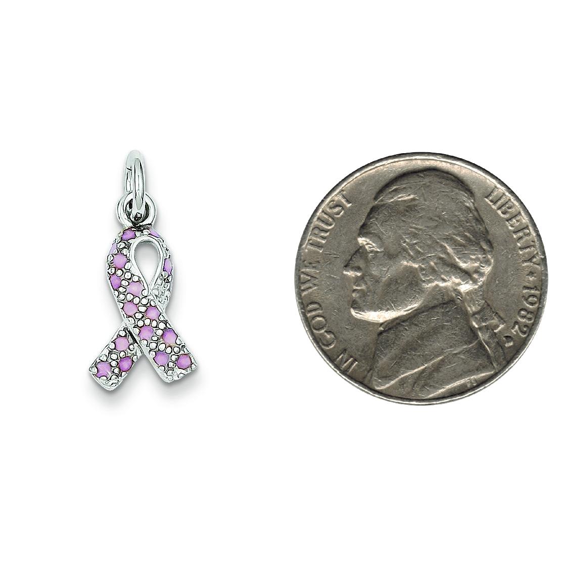 Sterling Silver Enameled Pink Ribbon Charm Pendant Jewerly 21mm x 10mm