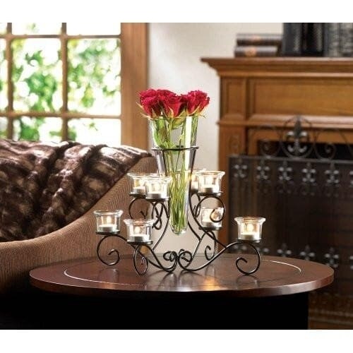 Home Locomotion Set of 2 Wrought Iron Candle Holders With Vase