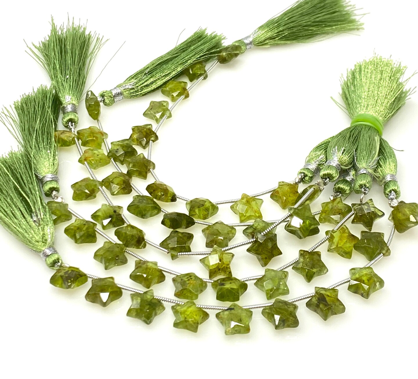 Rare Peridot Gemstone, Hand Carved Star Beads, Green - 5 Strand/ 10 Beads, 10mm