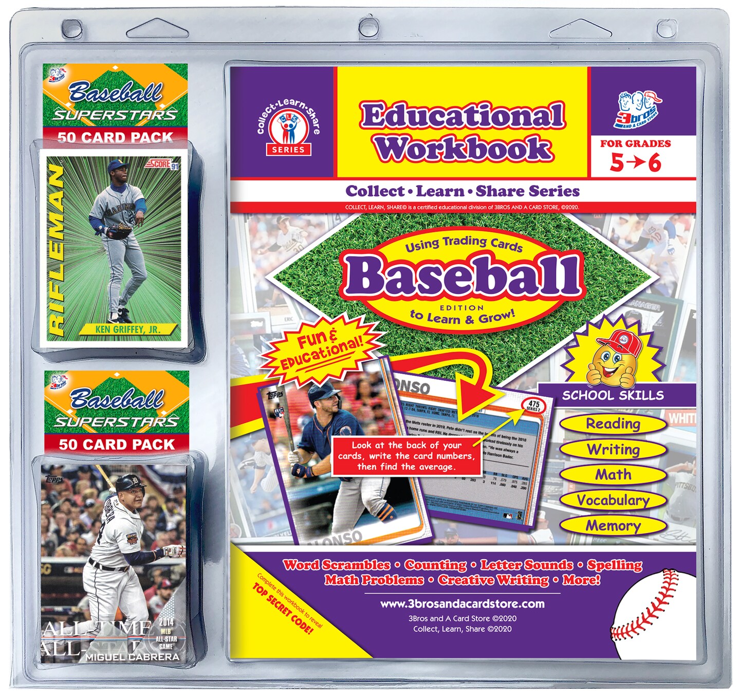 EDUCATIONAL WORKBOOK/ BASEBALL CARD COMBO PACK GRADES 5-6