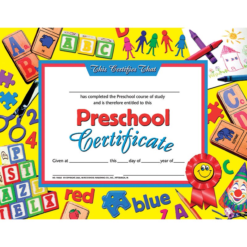 Preschool Certificate, 8.5&#x22; x 11&#x22;, Pack of 30