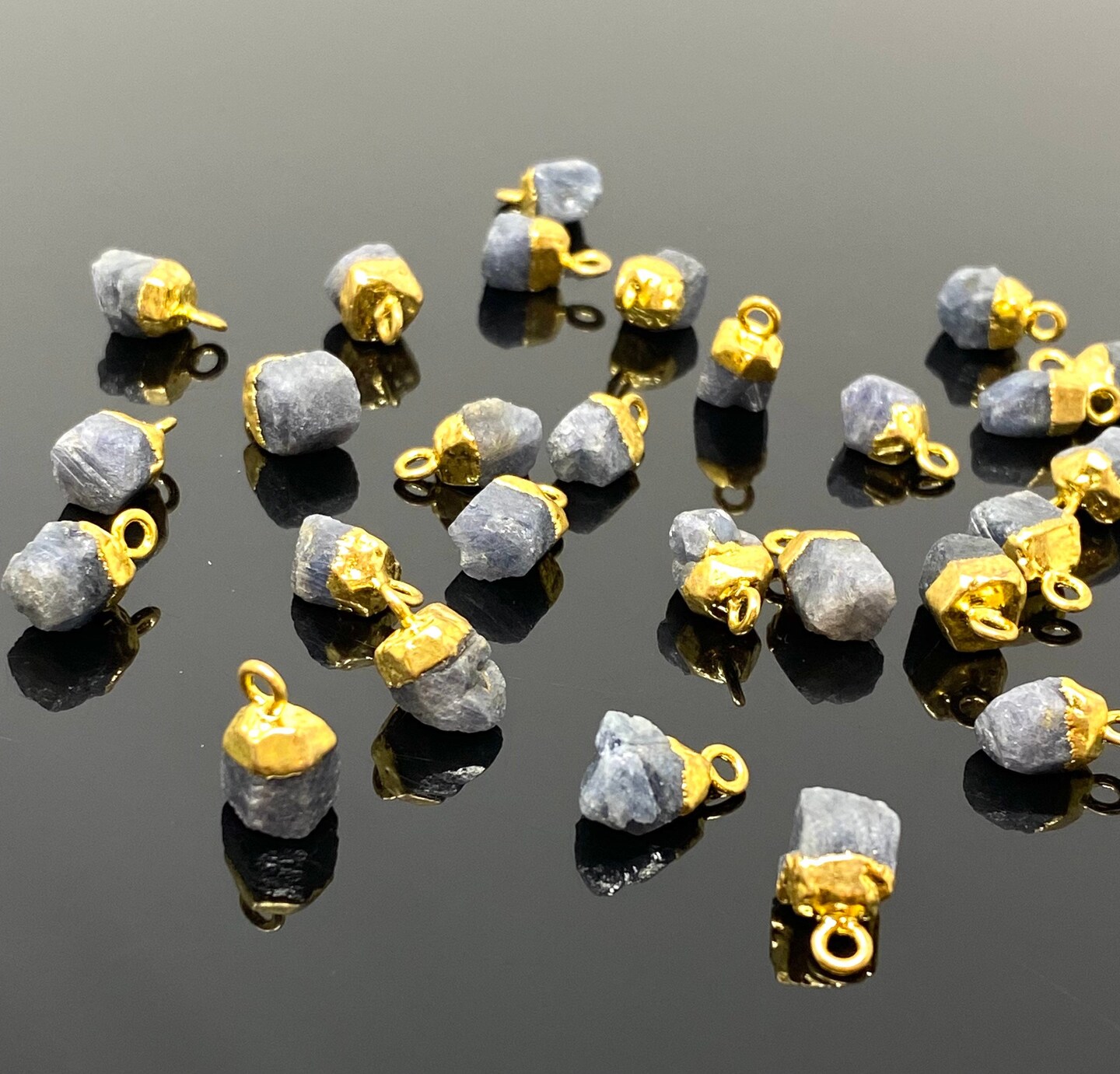 Rough Gold Electroplated Sapphire Gemstone Cap Charms, Blue - 12mm- 15mm - 10 Pieces