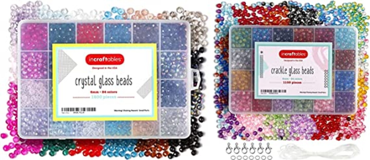 Incraftables Bicone Crystal Beads 1200pcs & Crackle Glass Beads 1100pcs 24 Colors 6mm with Elastic String & Organizer for Jewelry Making, Hair Accessories, Bracelets, & Crafts.