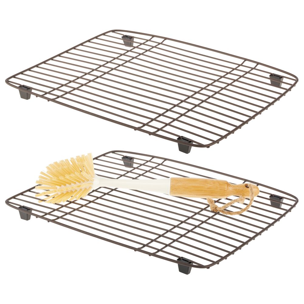 mDesign Modern Metal Kitchen Sink Dish Drying Rack / Mat - 2 Pack - Bronze