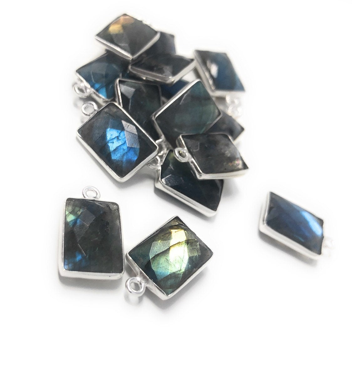 Labradorite Gemstone Sterling Silver Briolette Charms, Pewter - 16x9mm - 4 Pieces