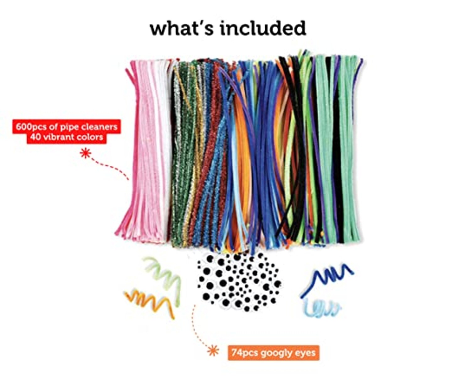 Incraftables 600pcs Craft Pipe Cleaner (20 Colors Chenille Stems) with 2000pcs Poms Poms (0.4 to 1.4 inch Pompoms) with Googly Eyes &#x26; Glue Stick