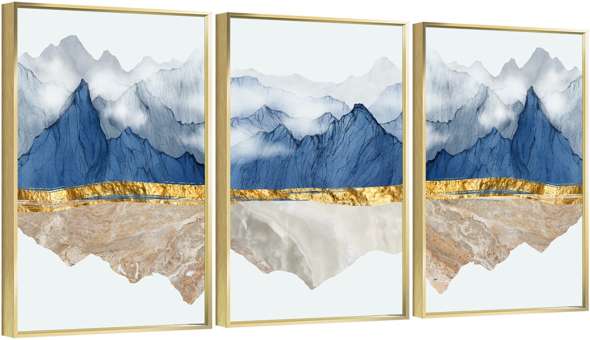 3 Set Framed Canvas Wall Art Oil Paintings - Blue Mountain Landscape