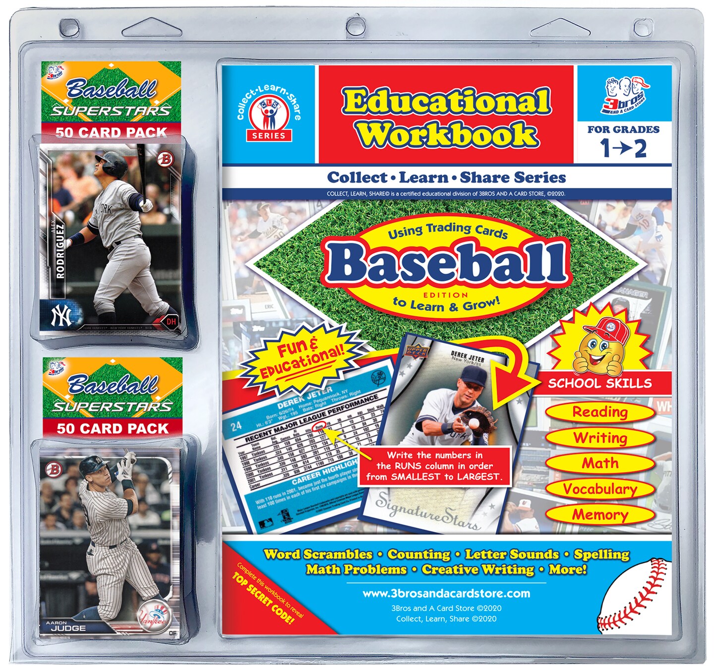 EDUCATIONAL WORKBOOK/ BASEBALL CARD COMBO PACK GRADES 1-2