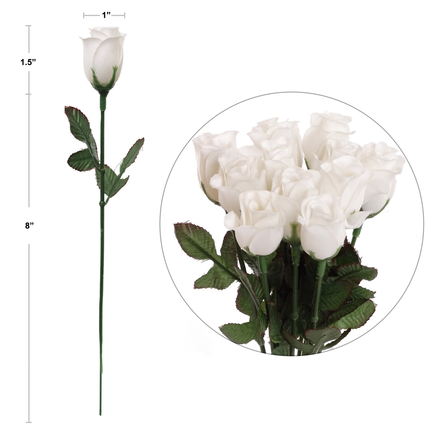 Set of 12: White Rose Buds - 2 Lifelike Leaves, Elegant Faux Flowers, DIY Arrangements, Wedding & Event Decor - Year-Round Floral Accent, Floral Home by Artificial Flowers