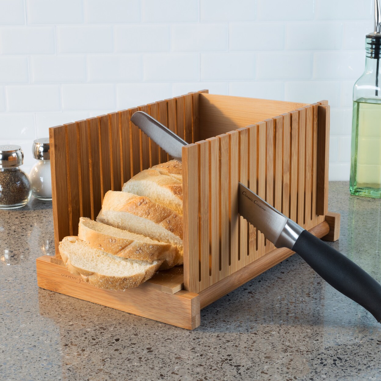 Classic Cuisine Bamboo Bread Slicer- Foldable Adjustable Knife Guide and Board for Cutting Loaves Evenly