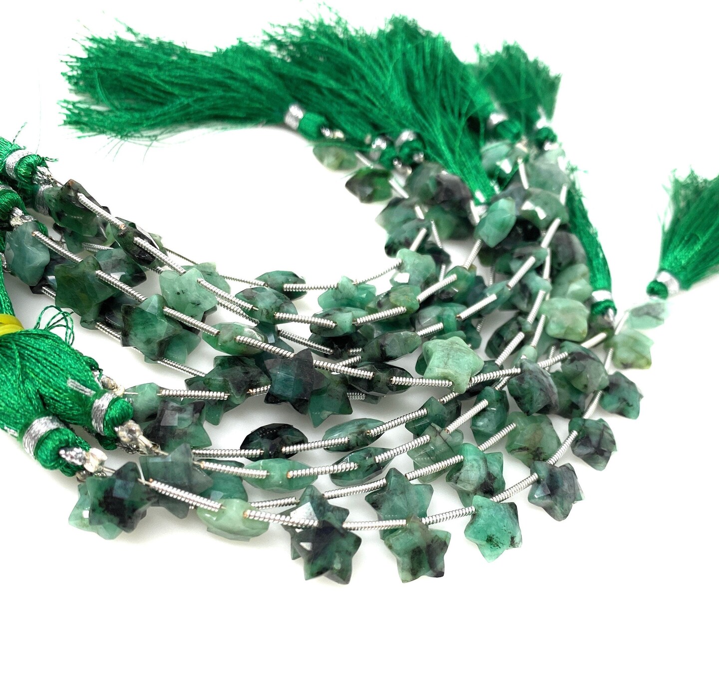 Natural Emerald Gemstone Hand Carved Star Beads, Green - 5 Strand/ 10 Beads, 10mm
