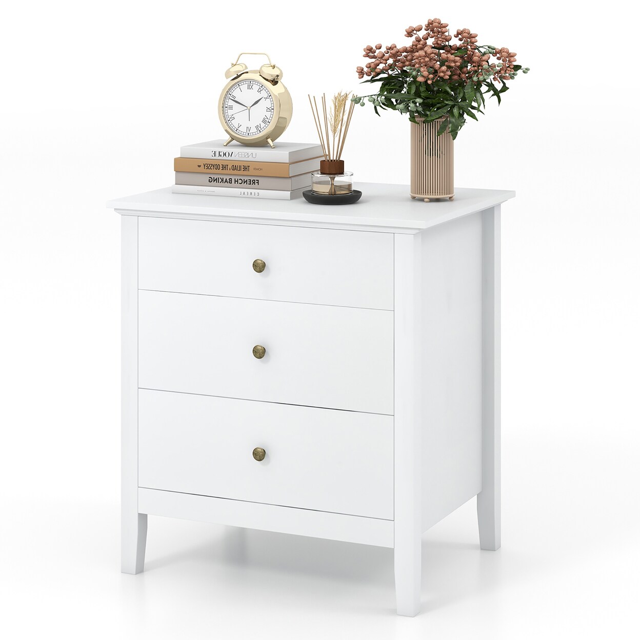Gymax Nightstand Beside End Side Table Accent Table Organizer W/3 Drawers White