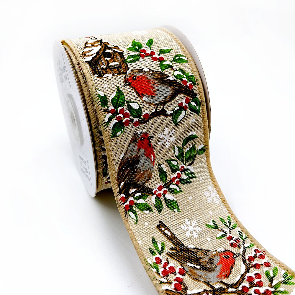 Designer&#x2019;s Shop WR 63-5195 Holiday Winter Berries with Bird and Bird house Wired edge ribbon 2.5&#x201D; x 10 yard