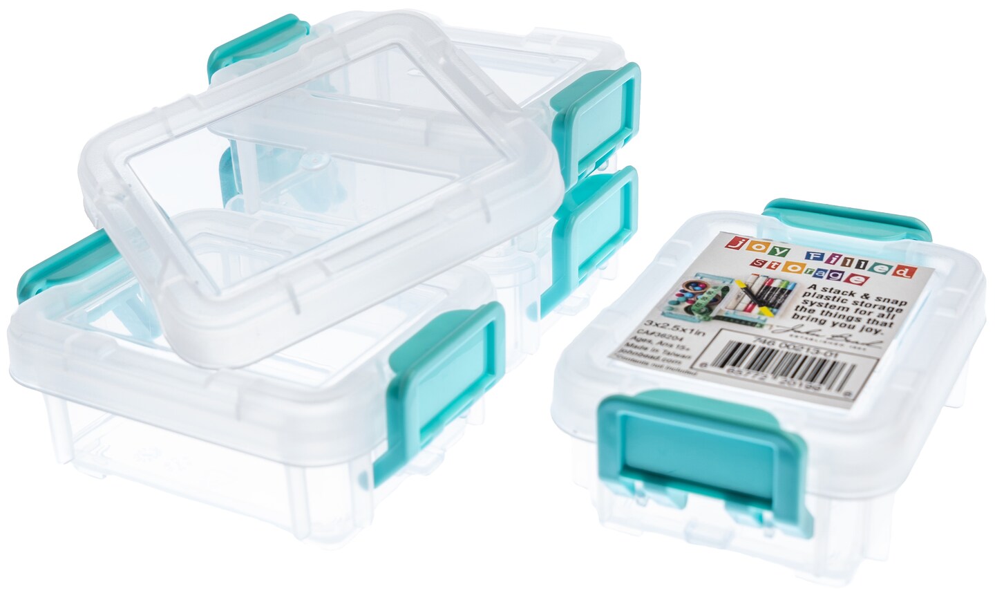John Bead Joy Filled Storage Stackable Containers 4/Pkg-Clear/Turquoise 3"X2.5"X1"