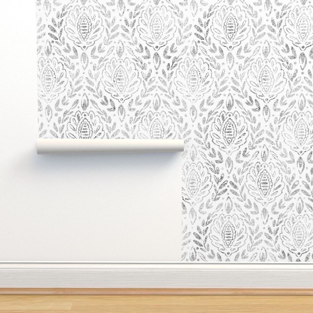 Neutral Damask Black And White Leaves Grey Gray Wallpaper Neutral Damask Texture Faded Distressed Custom Pre-pasted Wallpaper by Spoonflower Pre-Pasted Wallpaper 2FT Wide