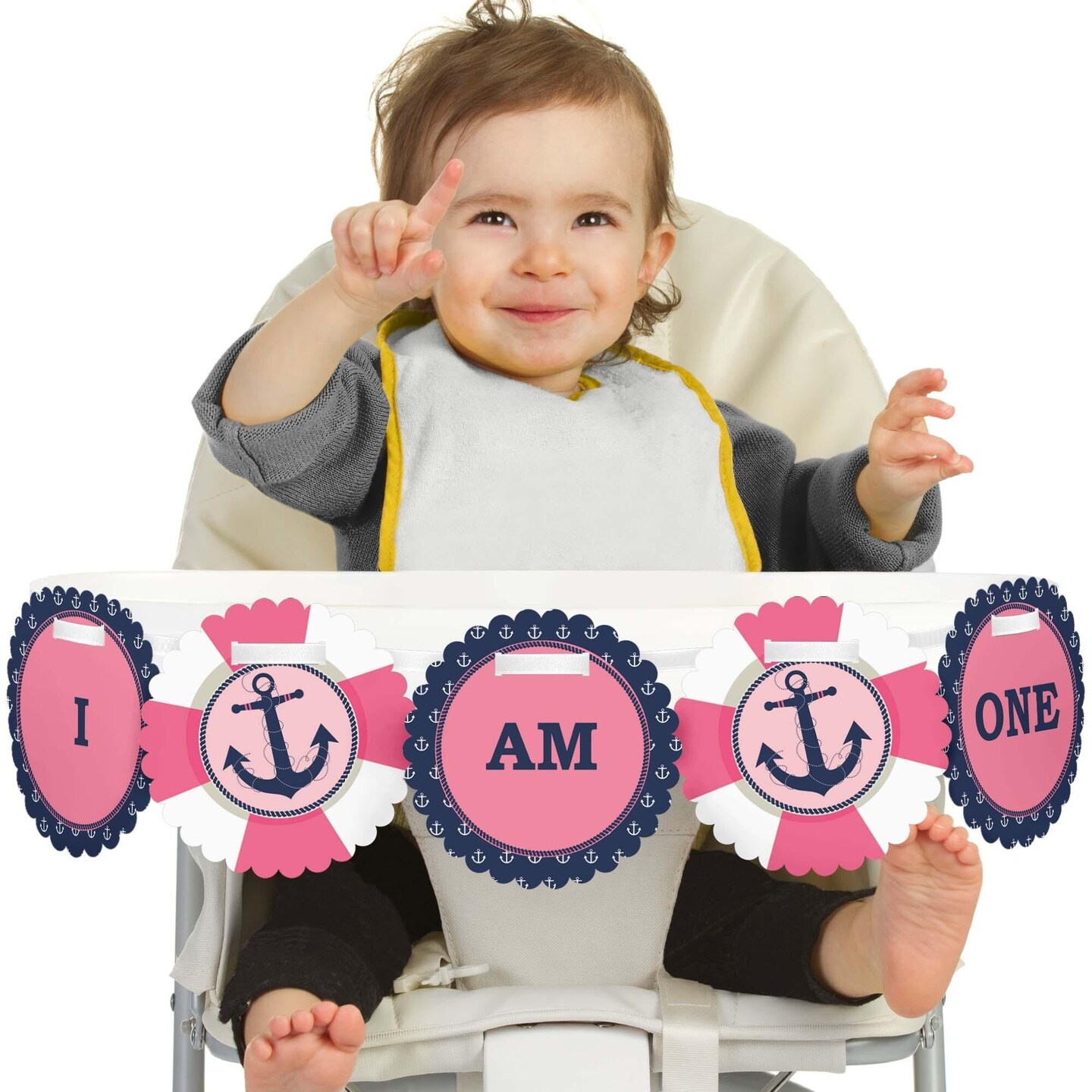 Big Dot of Happiness Ahoy - Nautical Girl 1st Birthday Highchair Decor - I Am One - First Birthday High Chair Banner