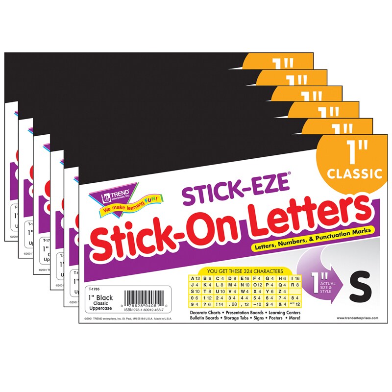 Black 1&#x22; STICK-EZE&#xAE; Stick-On Letters, 324 Pieces Per Pack, 6 Packs