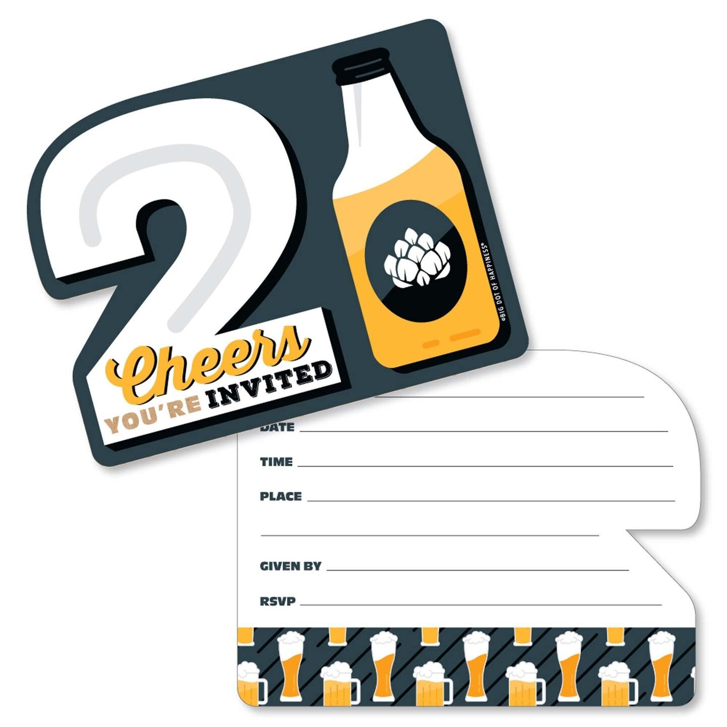 Big Dot of Happiness Cheers and Beers to 21 Years - Shaped Fill-In Invitations - 21st Birthday Party Invitation Cards with Envelopes - Set of 12