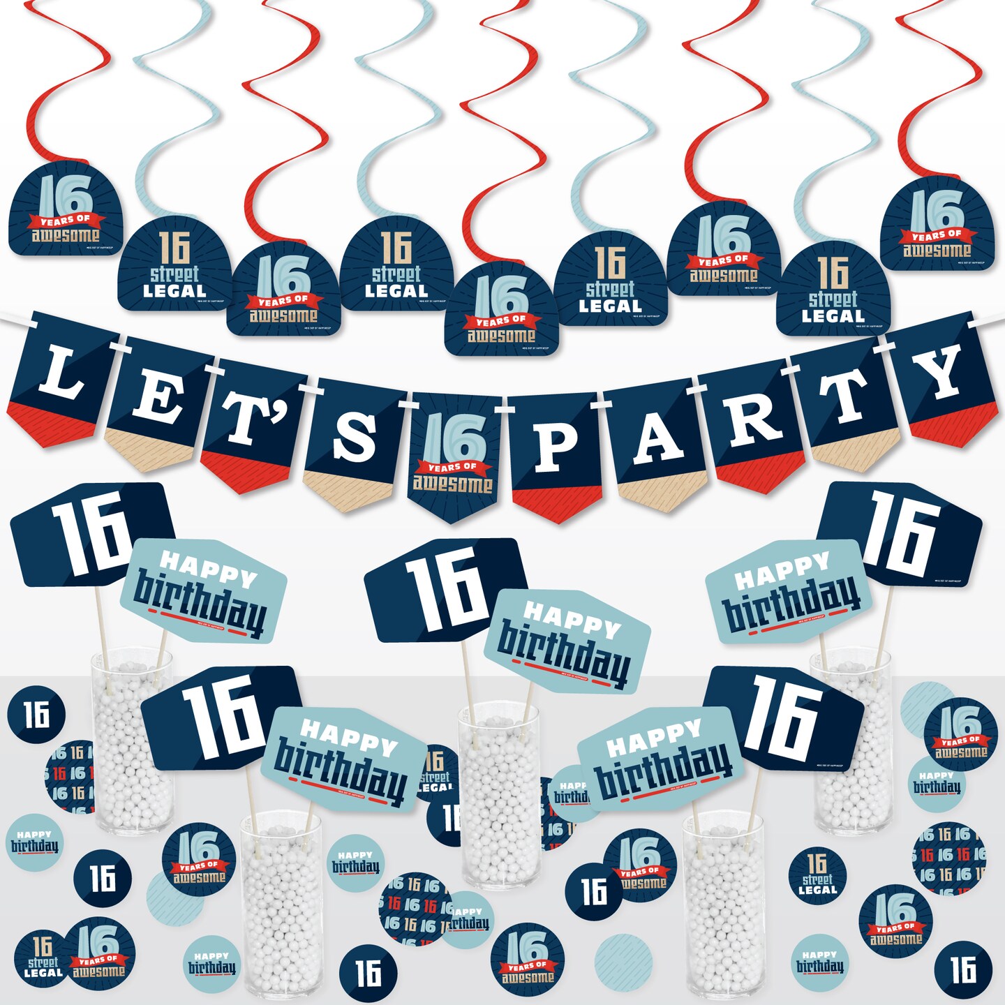 Big Dot of Happiness Boy 16th Birthday - Sweet Sixteen Birthday Party Supplies Decoration Kit - Decor Galore Party Pack - 51 Pieces