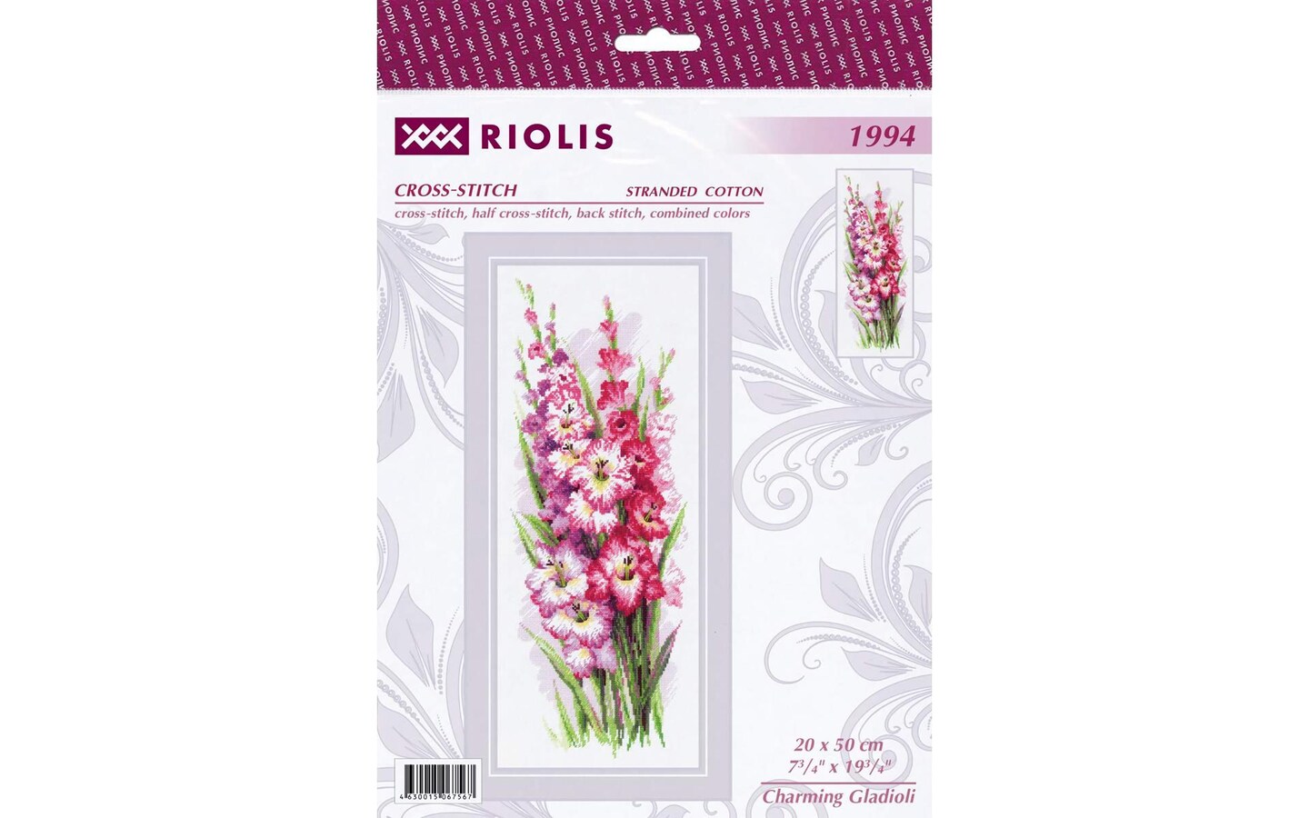 Riolis Cross Stitch Kit Charming Gladioli, 7 3/4&#x22; x 19 3/4&#x22; (20 x 50 cm), stranded cotton, cross-stitch, half cross-stitch, back stitch and combined colors, included all supplies