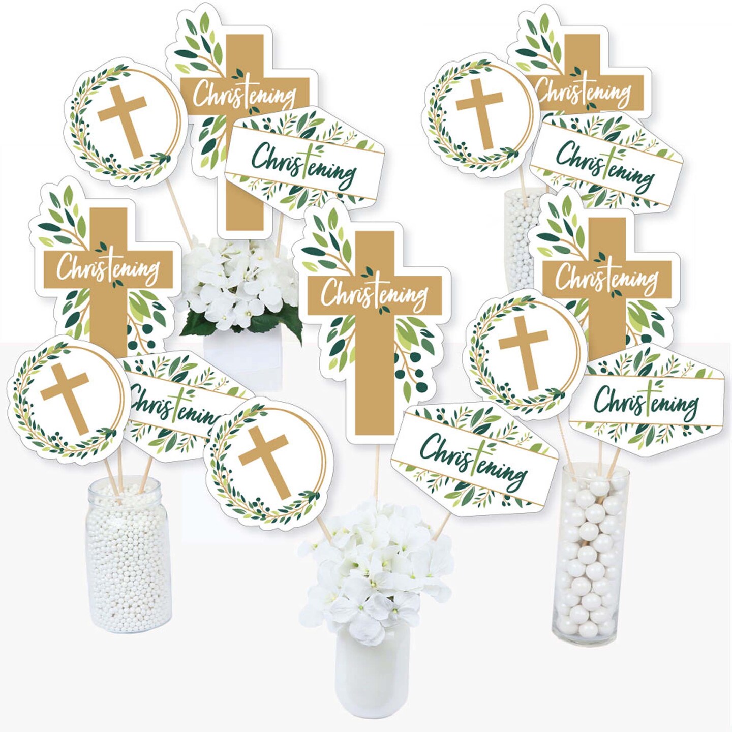 Big Dot of Happiness Christening Elegant Cross - Religious Party Centerpiece Sticks - Table Toppers - Set of 15