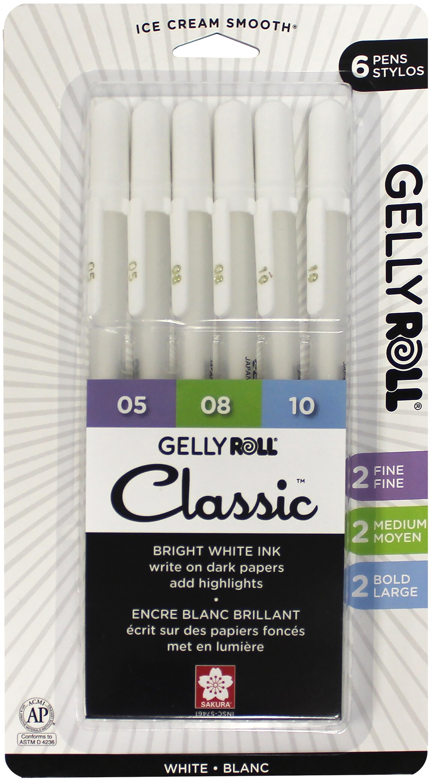 Sakura Gelly Roll Classic Pens 6/Pkg-White - 2 Each Of Fine, Medium & Bold