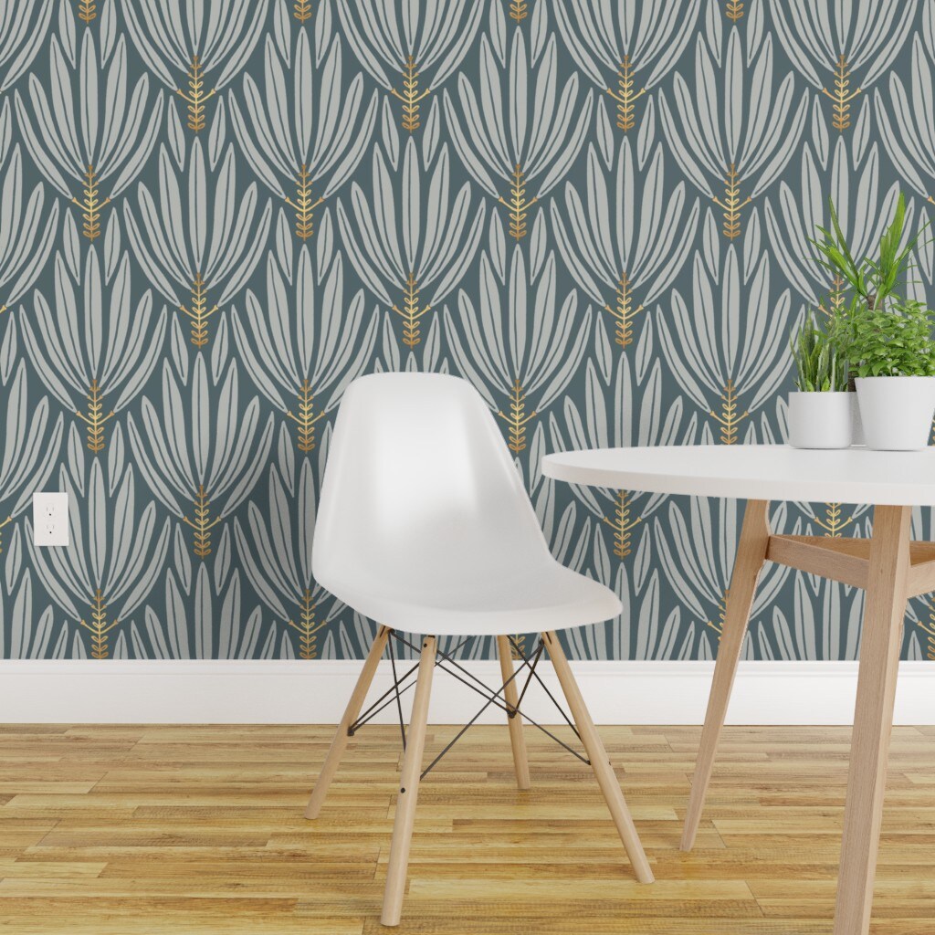 Peel &#x26; Stick Wallpaper 2FT Wide Art Deco Neutral Gray Leaves Simple Minimal Palm Frond Large Scale Custom Removable Wallpaper by Spoonflower