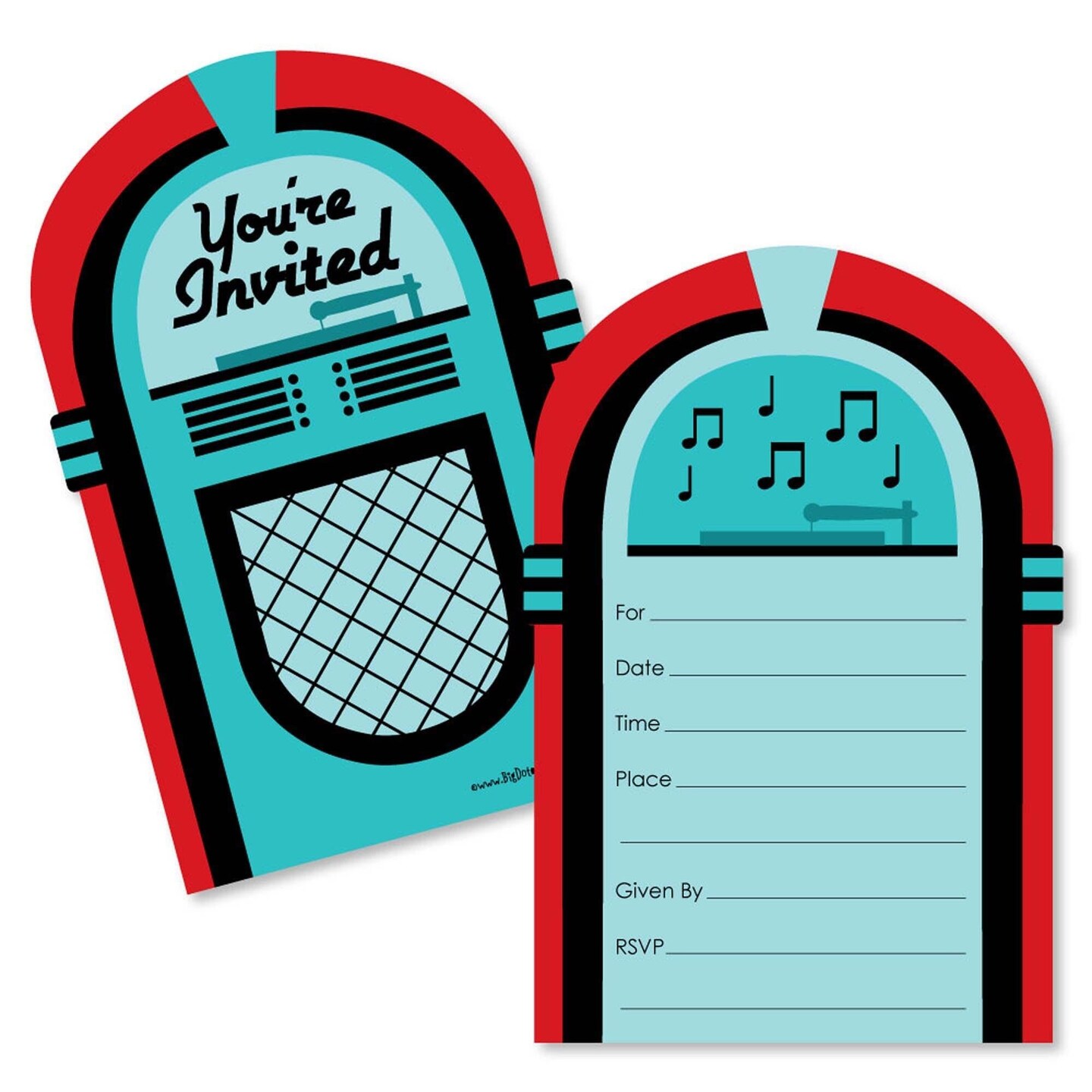 Big Dot of Happiness 50&#x27;s Sock Hop - Shaped Fill-In Invitations - 1950s Rock N Roll Party Invitation Cards with Envelopes - Set of 12