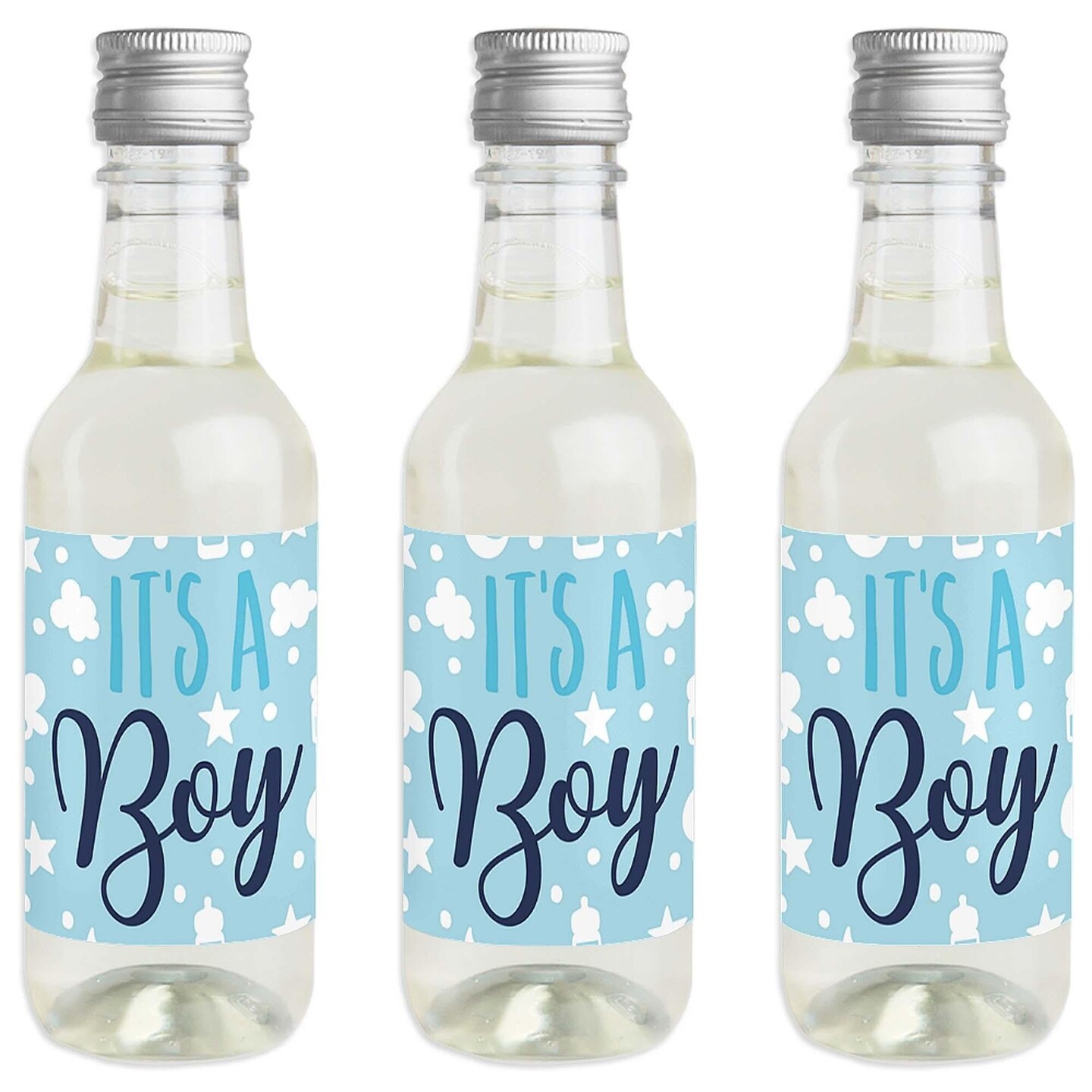 Big Dot of Happiness It&#x27;s a Boy - Mini Wine and Champagne Bottle Label Stickers - Blue Baby Shower Favor Gift for Women and Men - Set of 16