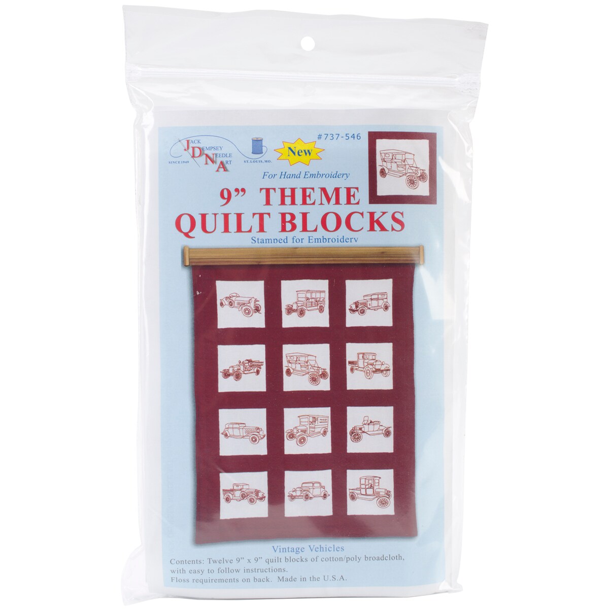 Jack Dempsey Themed Stamped White Quilt Blocks 9&#x22;X9&#x22; 12/Pkg-Vintage Vehicles