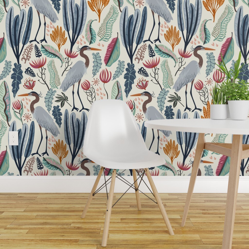 PrePasted Wallpaper 2FT Wide Heron Plants Light Medium Nature Tropical Wild Flowers Fly Custom