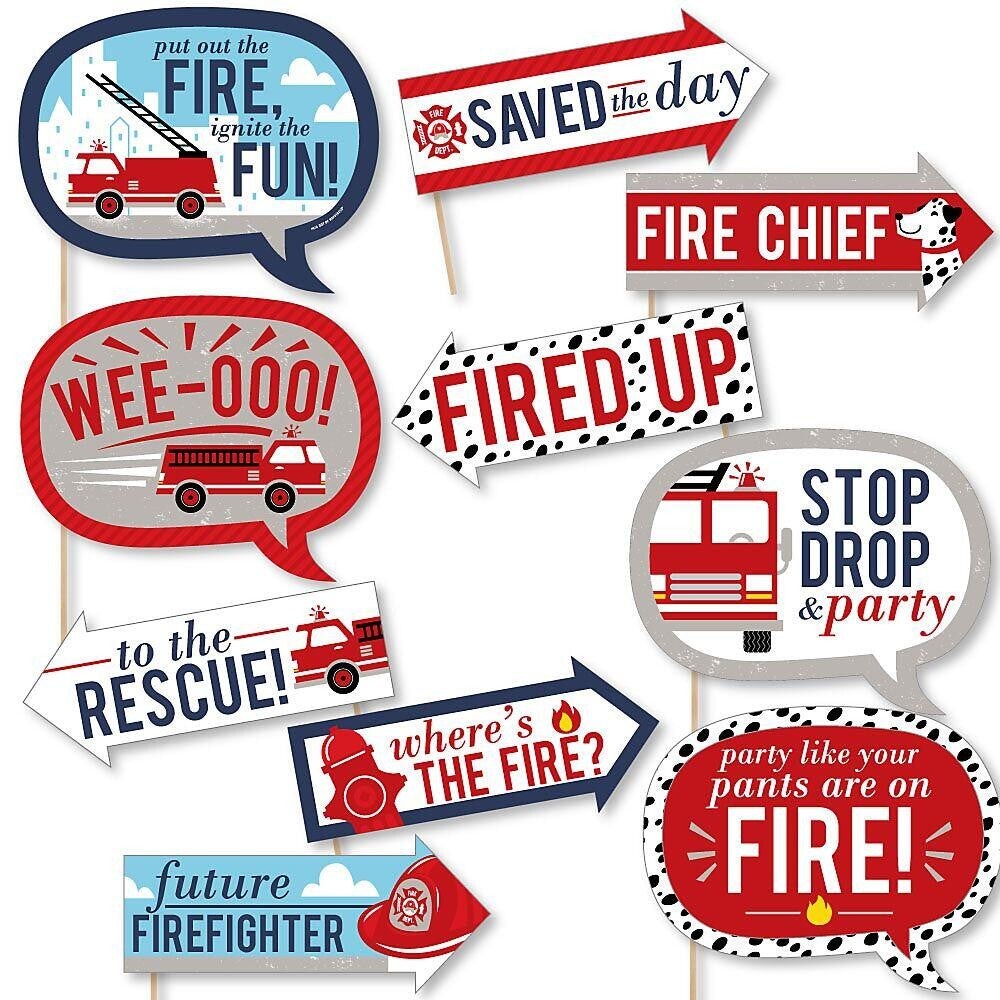 Big Dot of Happiness Funny Fired Up Fire Truck - Firefighter Firetruck Baby Shower or Birthday Party Photo Booth Props Kit - 10 Piece